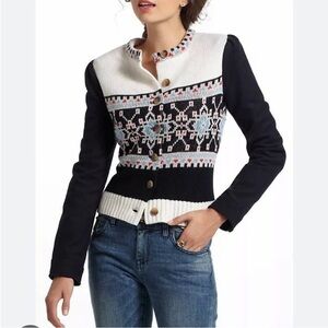 [US4] Elevenses Anthropologie Buckhaven Fairisle Sweater Cropped jacket Navy